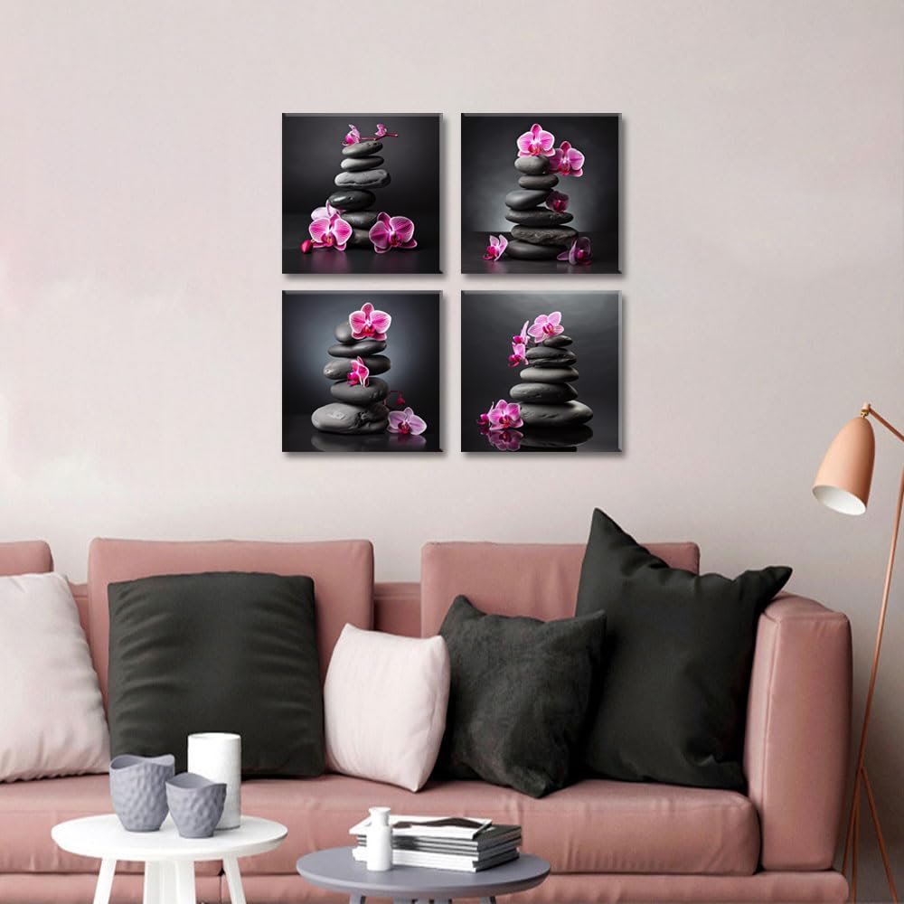 Zen Canvas Art (14X14inchX4 / Pink Orchid & Stone)