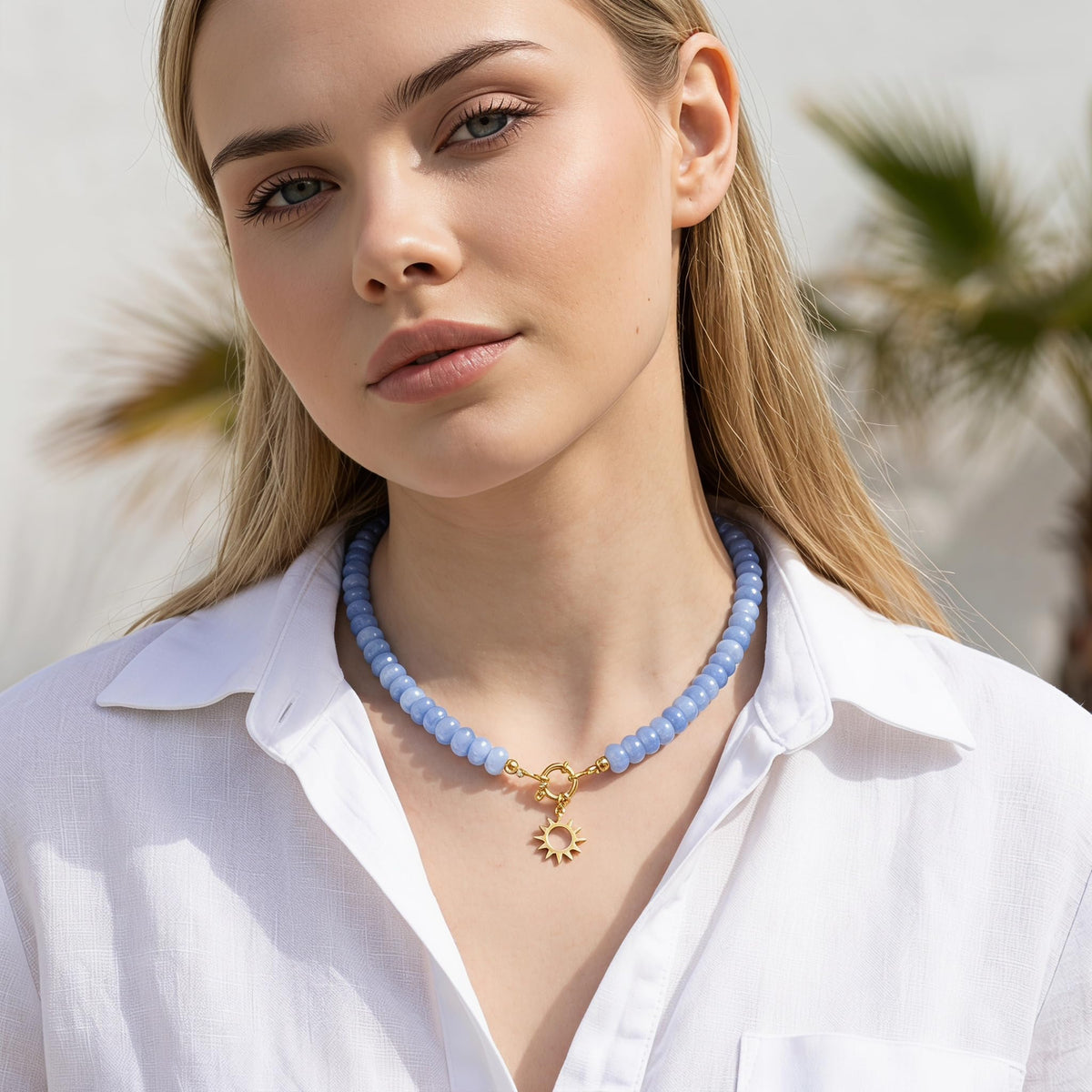 Azure Natural Stone Beaded Choker Necklace for Women (Azure)