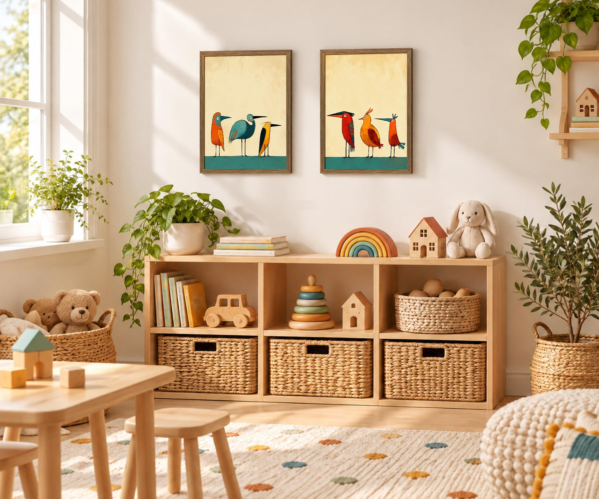 Mid Century Modern Bird Wall Art Colorful Birds on Wire Canvas Print (Birds / 16"L x 12"W)