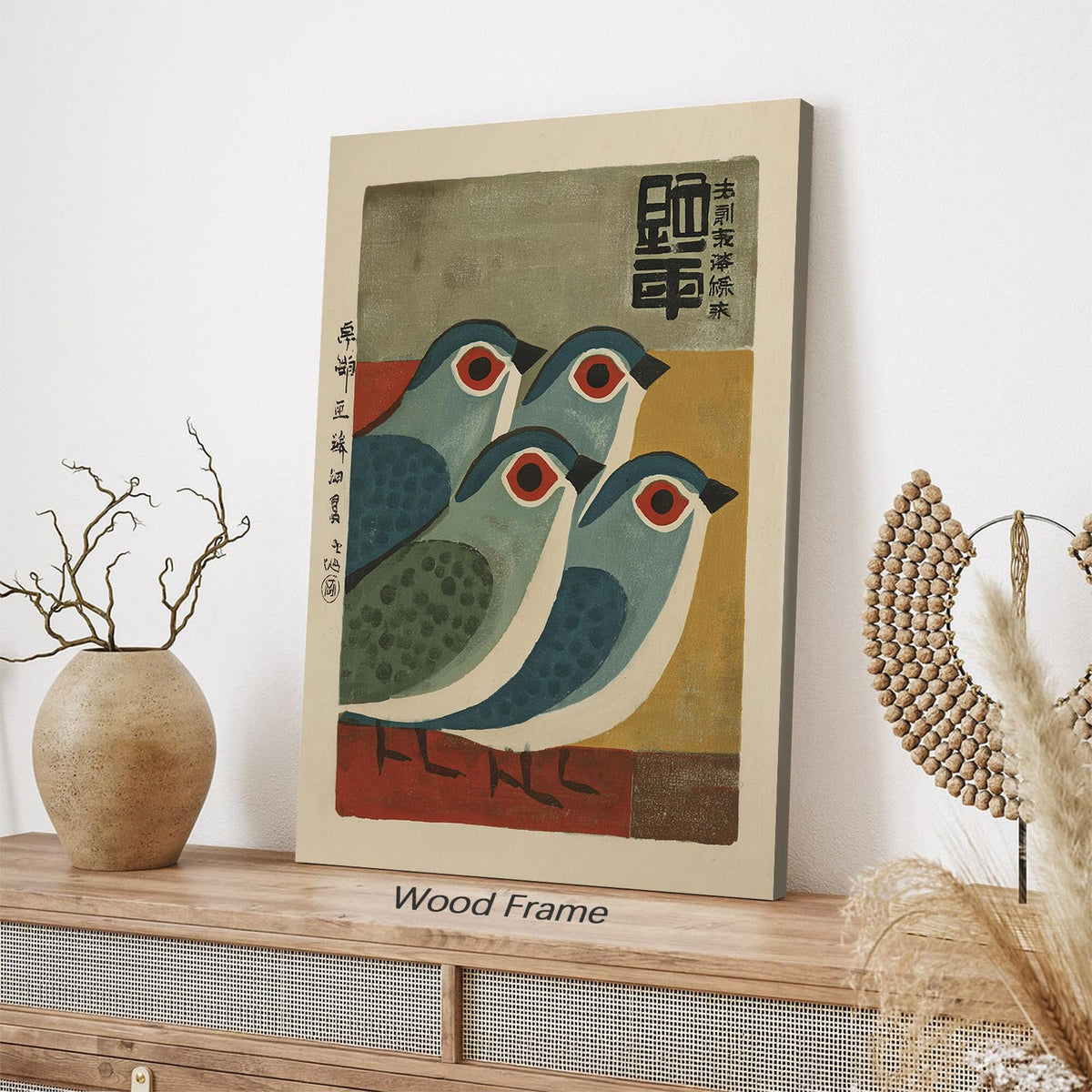 Japanese Mid Century Blue Bird Framed Posters Prints Vintage Animal Wall Art 16x20 inch Minimalist Bird Painting Rustic Artwork for Asian Lndie Room Bedroom Living Room Decor Ready to hang (Wrapped Canvas / Japanese Picture / 20"L x 16"W)