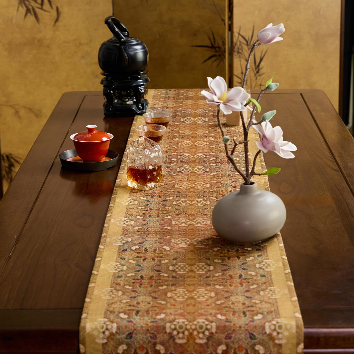 Hidden Bridge Floral Brocade Tasseled Table Runner 13x72 Fall (Petal Rain · Pointed 13x72 Inch)