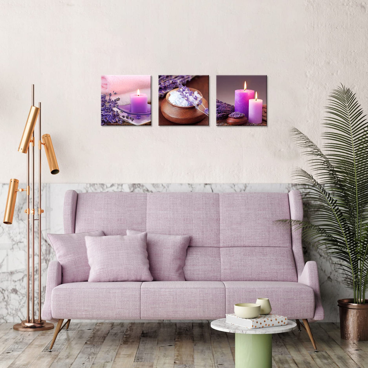 Zen Canvas Wall Art Spa Still Life with Purple Aromatherapy Candles and Zen Stone Aroma Lavender Flower Painting Pictures Print on Canvas Ready to Hang for Bathroom Decoration (14X14inchX3pcs / aromatherapy)