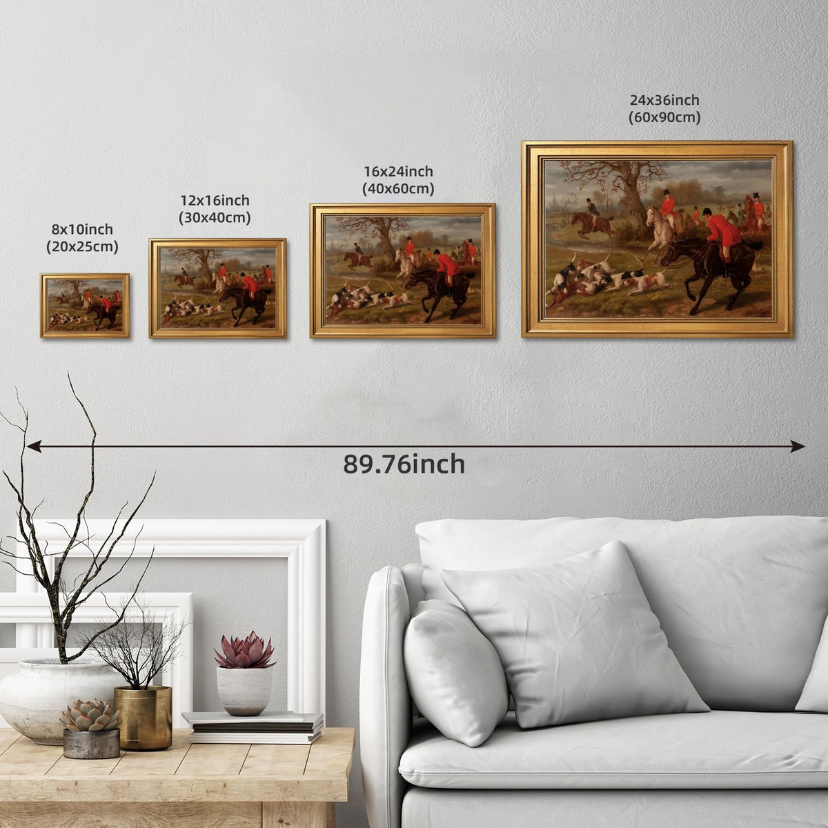 Gold Framed Vintage Equestrian Fox Hunting Wall Art Classic 19th Century Sports Oil Painting Reproduction Posters Antique Horseback Scene Pictures Rustic Country Canvas Prints Home Decor 8x10inch (8"L x 10"W / Hunting)