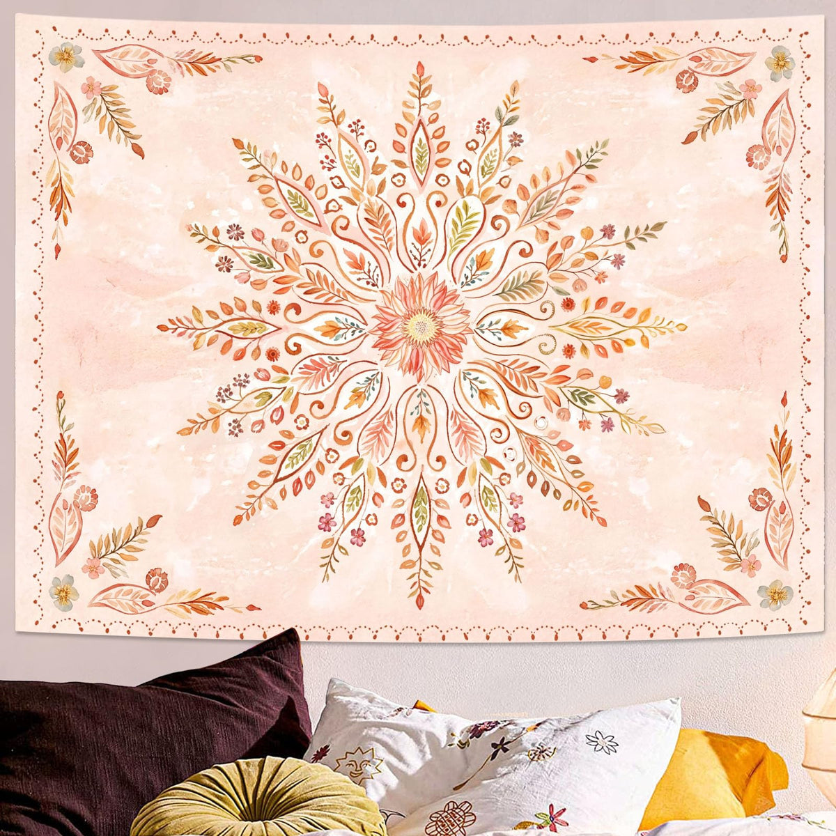 Floral Mandala Tapestry Boho Tapestry for Bedroom Orange Tapestries Wall Hanging Living Room Wall Art and Home Decor 70x90 (90"L x 70"W / Orange)