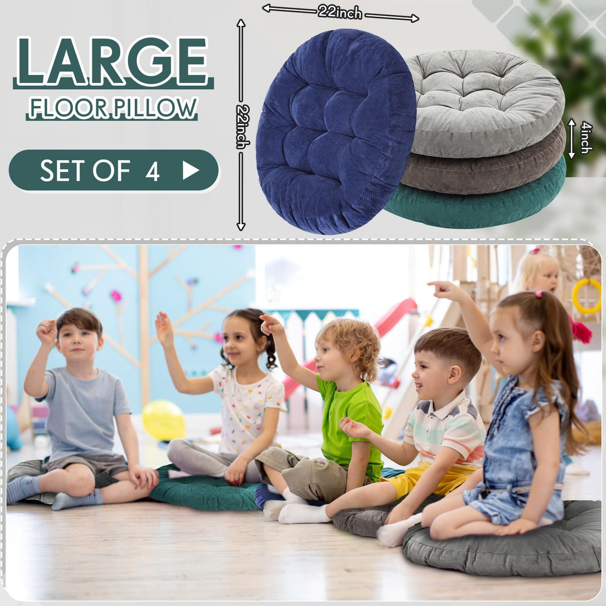 4 Pcs Dark Green Large Floor Pillow Cushion (Round 22 x 22 / Dark Green)