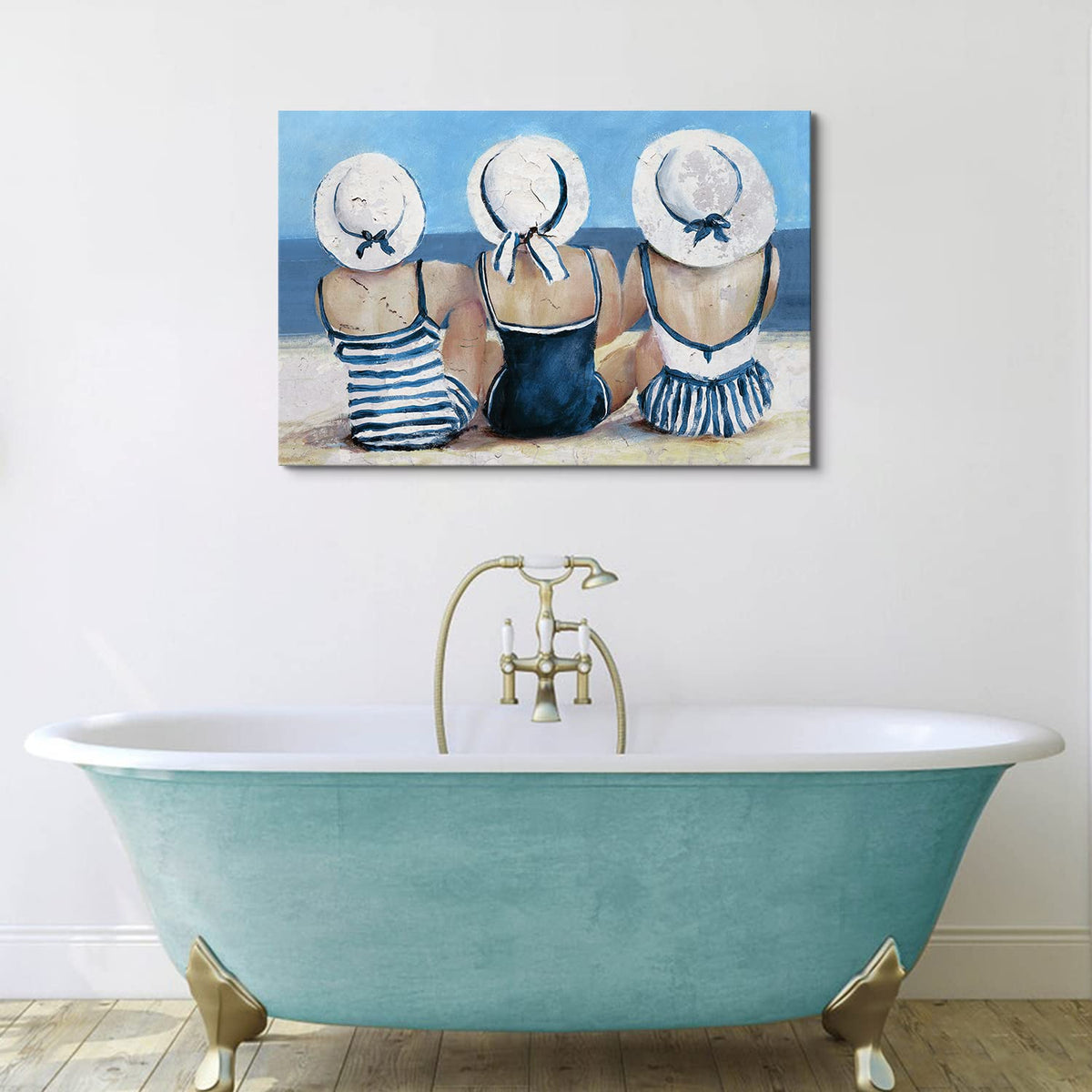 Vintage Beach Wall Art Coastal Bathroom Decor for Girl Navy Blue and White Tropical Ocean Seascape Canvas Prints Picture Retro Swimsuit Woman Nautical Artwork for Living Room Bedroom Decoration 24x36" (36"L x 24"W / Beach Girls)