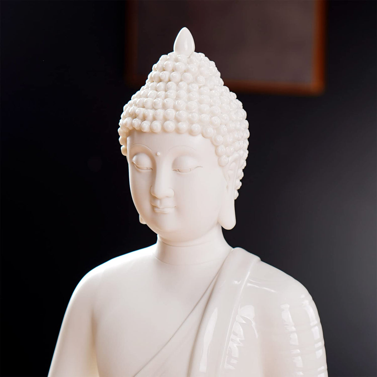 12 in White Buddha Statue and 15.74 in LED Circle Table Lamp (White)