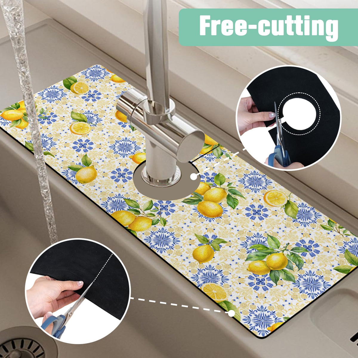 Kitchen Sink Splash Guard Faucet Mat 15" X 5.5" Lemon Absorbent Fast Drying Mat Faucet Draining Mat Sink Splash Guard Behind Faucet Drip Catcher for Kitchen Bathroom (15" x 15" / blue lemon)