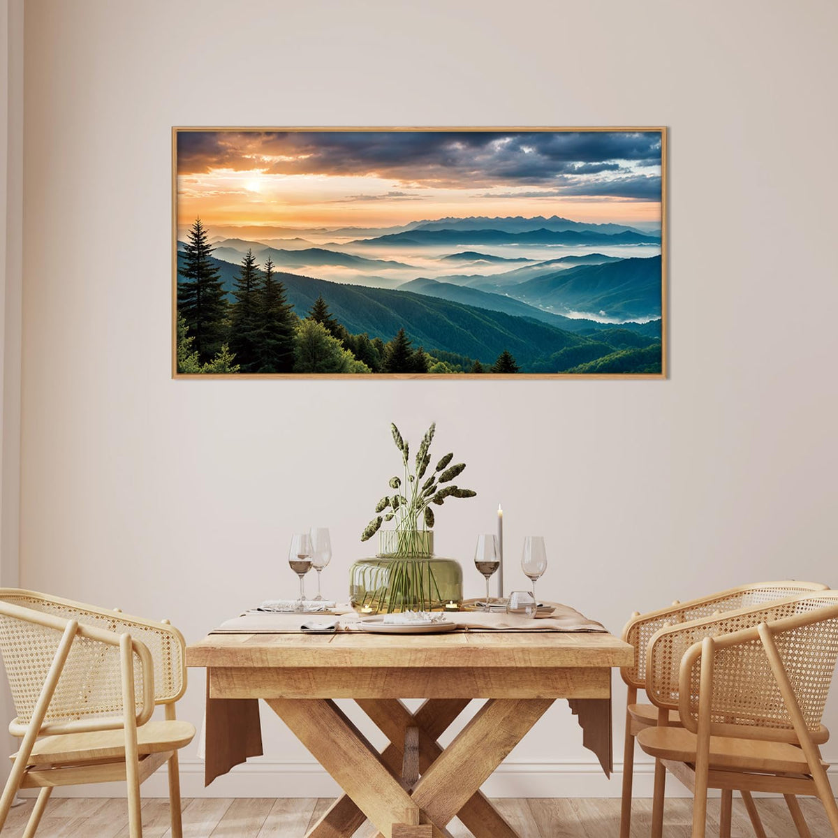 Large Nature Mountain Sunrise Framed Canvas Wall Art (Boho Forest Mountain Wall Art / 40"L x 20"W)