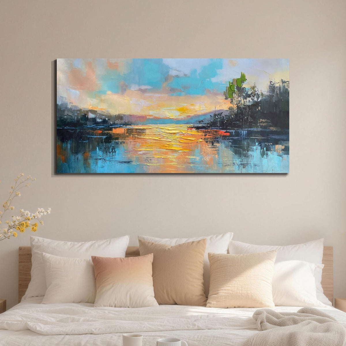 Lake Sunrise Canvas Wall Art Decor for Living Room (Yellow Sunrise / 58"L x 29"W)