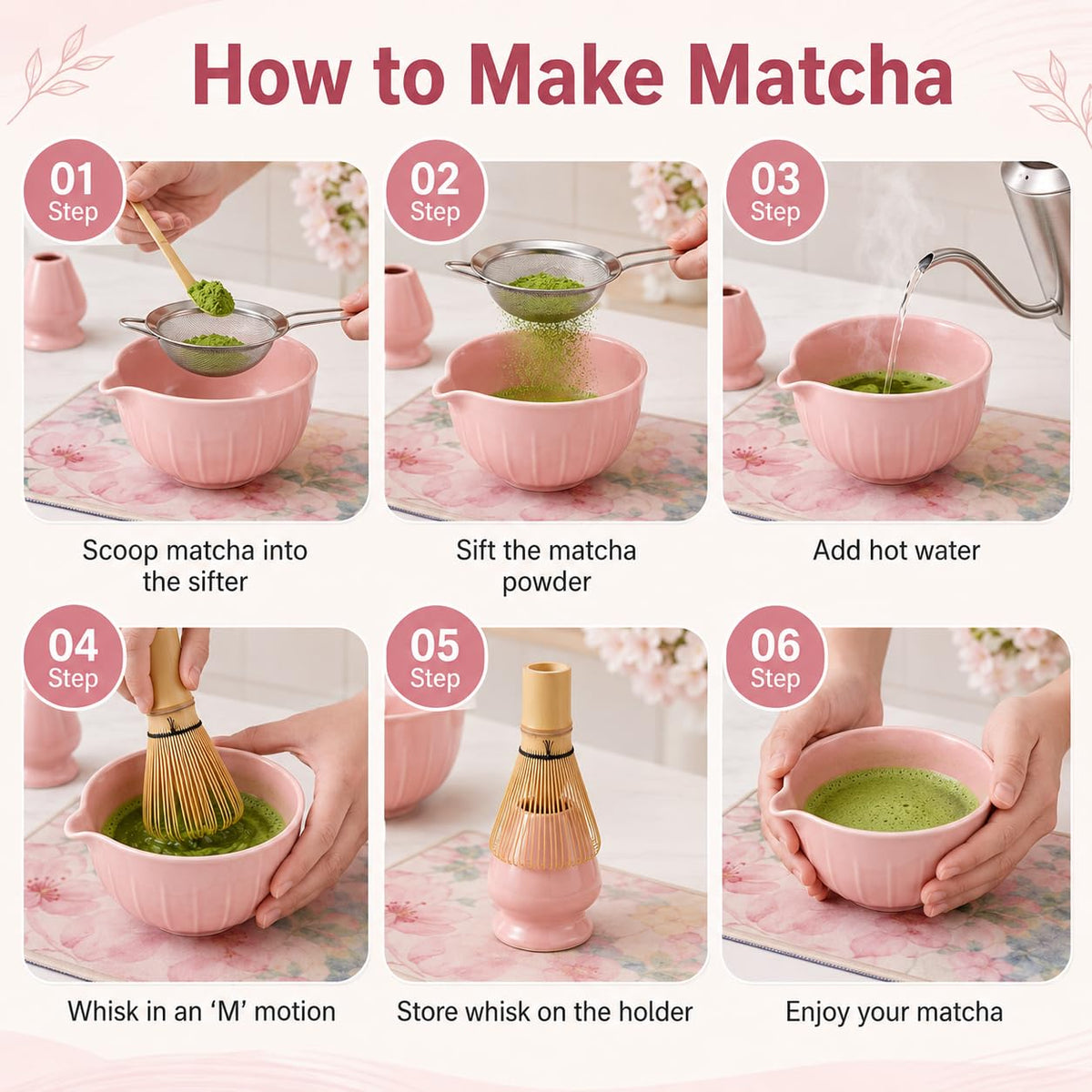 Pink Matcha Whisk Set 9 Pcs (Pink)