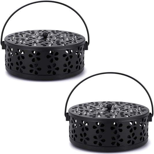 2 Pack Citronella Coil Holder Portable Mosquito Coil Holder Metal Incense Burner with Lid Round Spiral Incense Coil Holder (Black/Black)