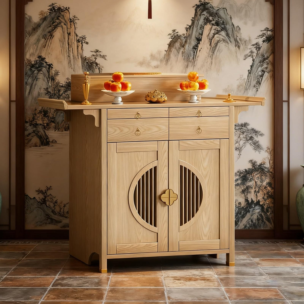 Personal Shrine Stand Bamboo Altar Cabinet Buddha Niche Chinese Cabinet with Storage Buddhist Table with Drawer for Home Use for Family Worship Use for Living Room (Wood / 50.39x18.9x46.65in)