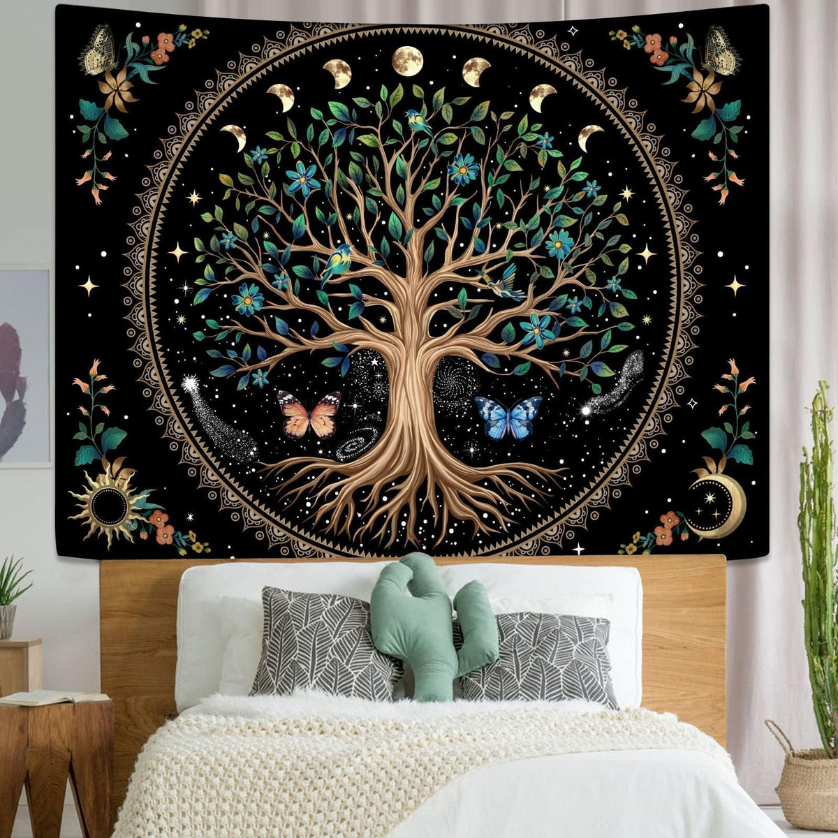 Tree of Life Tapastry Sun and Moon Tapastry Flower Boho Tree Mandala Wall Hanging for Bedroom and Living Room Decor Green Tree 70×90 Inches (90"L x 70"W / Light Green)