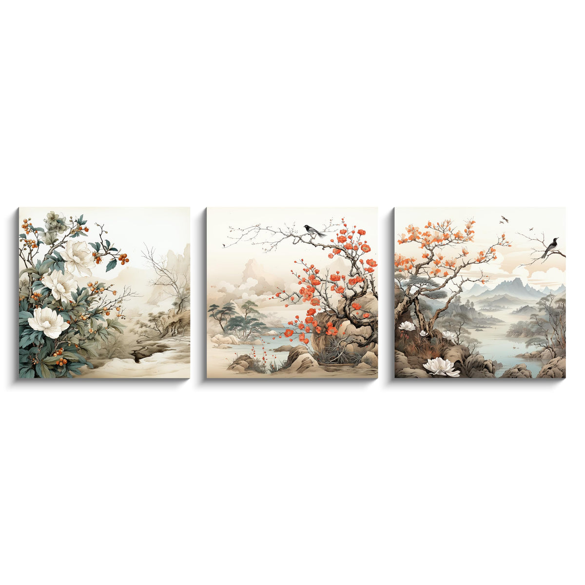 Traditional Chinese Decor Oriental Flowers Birds Canvas Wall Art for Bedroom Floral Wall Decor Framed Artwork Vintage Prints Paintings for Bathroom Kitchen Decorations (Flower and Birds / 12x12 inches (3 pieces))