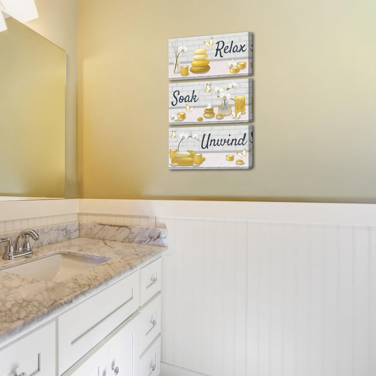 Yellow Bathroom Wall Art Zen Pictures Canvas Painting for Zen Meditation Room Wall Decor Framed 8"x16" for Each (Yellow)