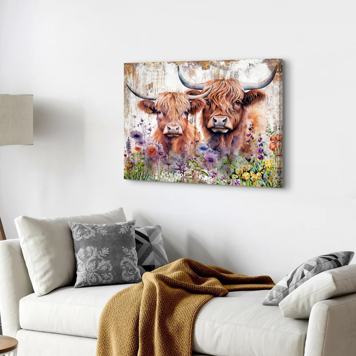 Cute Highland Cow Wall Art Rustic Cows Picture Wall Decor Nursery Room Decor Farmhouse Wildflower Scottish Cow Painting Bathroom Western Country Cattle Poster Artwork for Living Room Decoration 20x30" (30"L x 20"W / Cow)