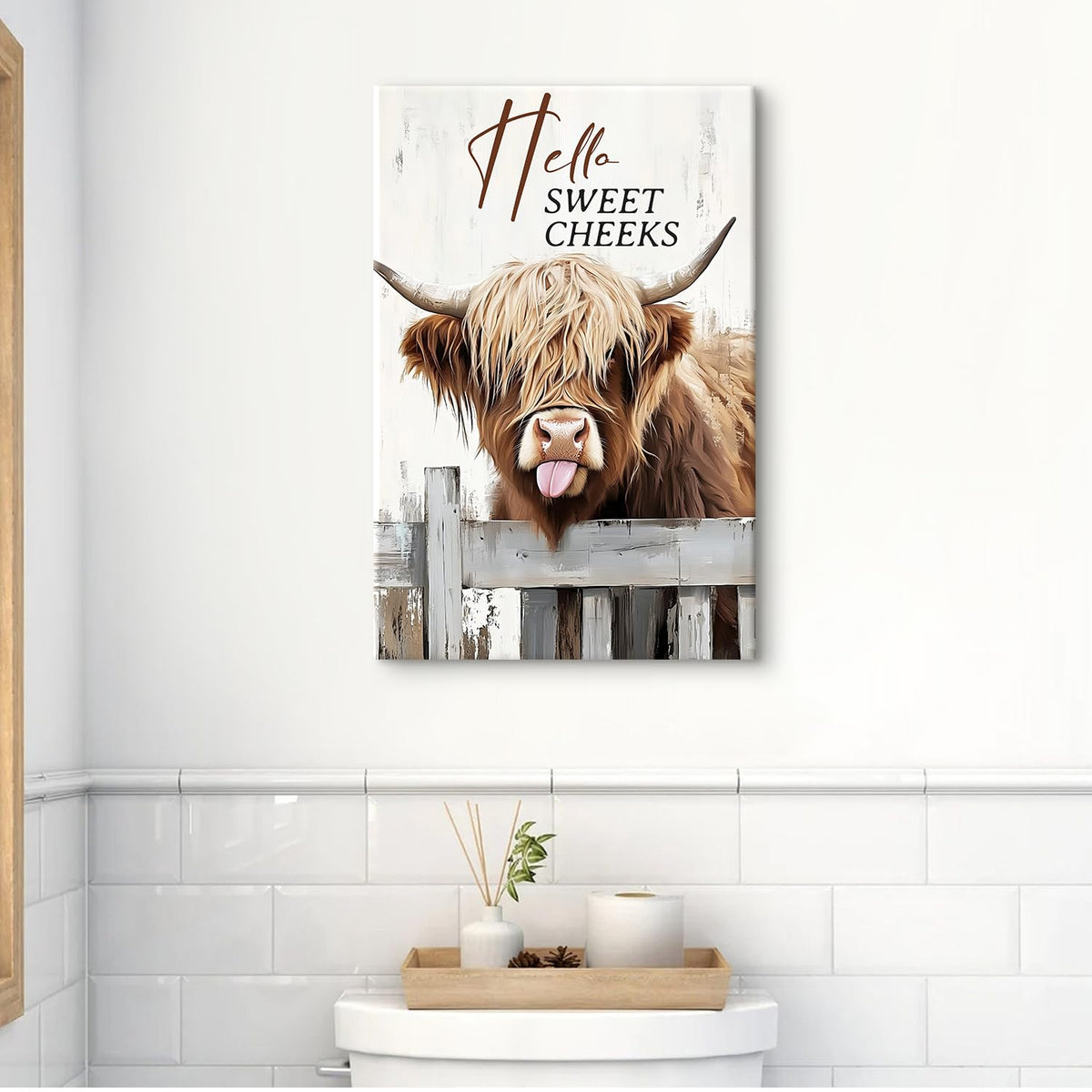 Highland Cow Canvas Wall Art Hello Sweet Cheeks Bathroom Decor Funny Cute Cow Picture Prints Poster Farmhouse Longhorn Wall Decor Rustic Wild Animals Paintings Country Home Decorations 16x24" (24"L x 16"W / Funny Cow02)
