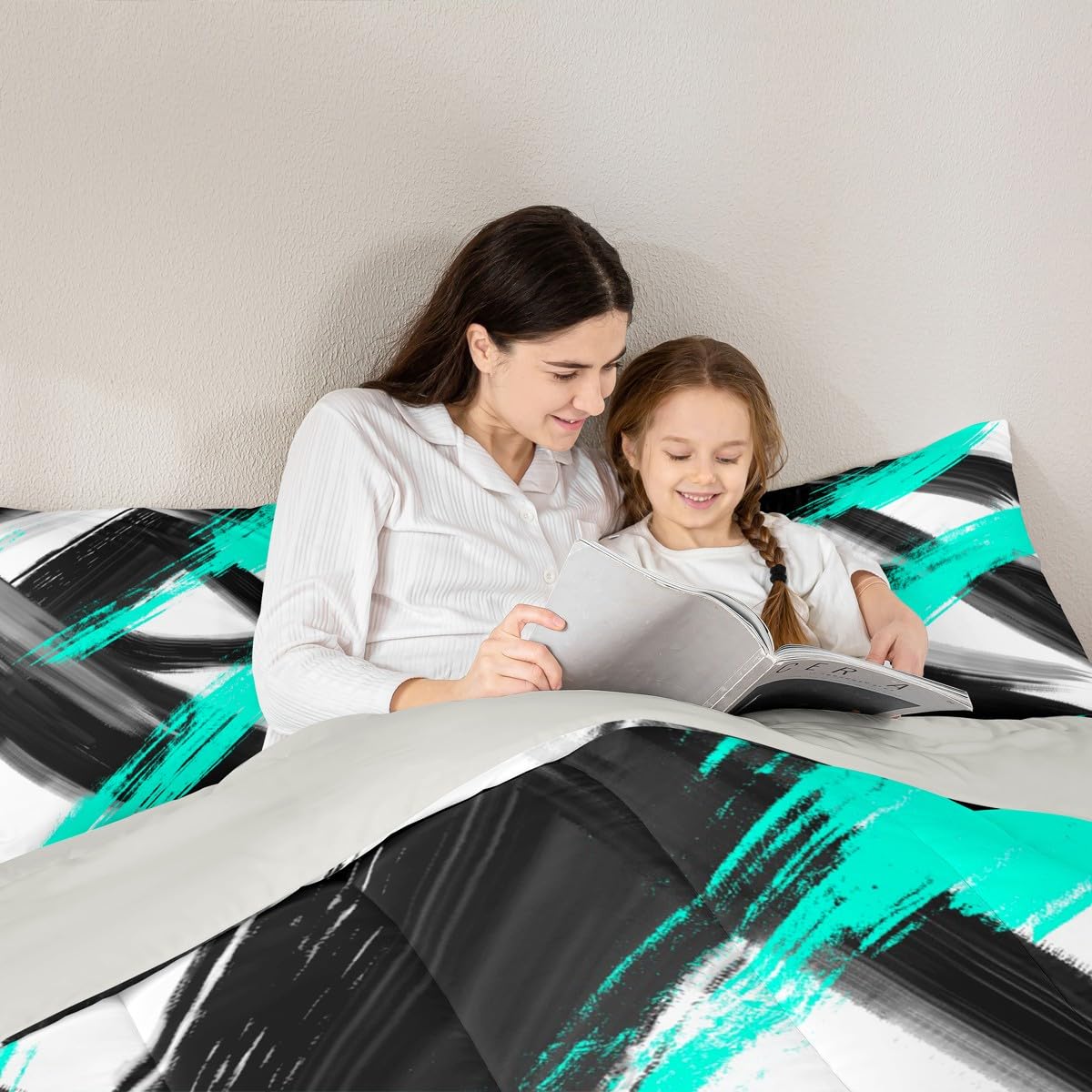 Black Teal Comforter Set Toddler Size Abstract Geometric Bedding Set for Boys Girls Modern Minimalist Duvet Quilt Room Decor Breathable Soft Microfiber All Season 2Pcs with 1 Pillow Case (Multi 45687 / Toddler)