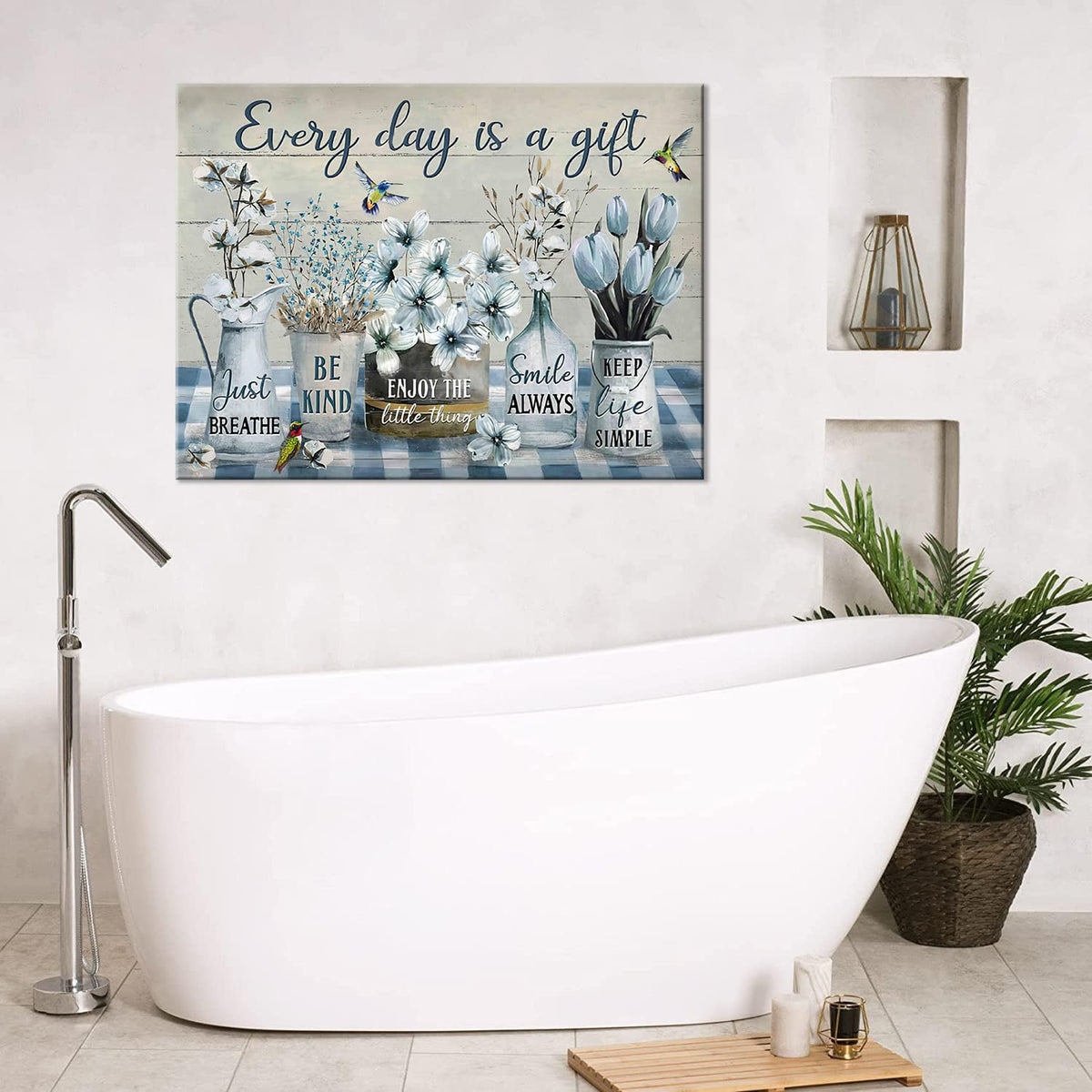 Farmhouse Flower Bathroom Decor Wall Art Rustic Flower Every Day Is A Gift Floral Spring Summer Pictures Wall Decor Canvas Painting Prints Artwork Framed for Bedroom Living Room 24"x16" (Everyday Is A Gift / 24"L x 16"W)