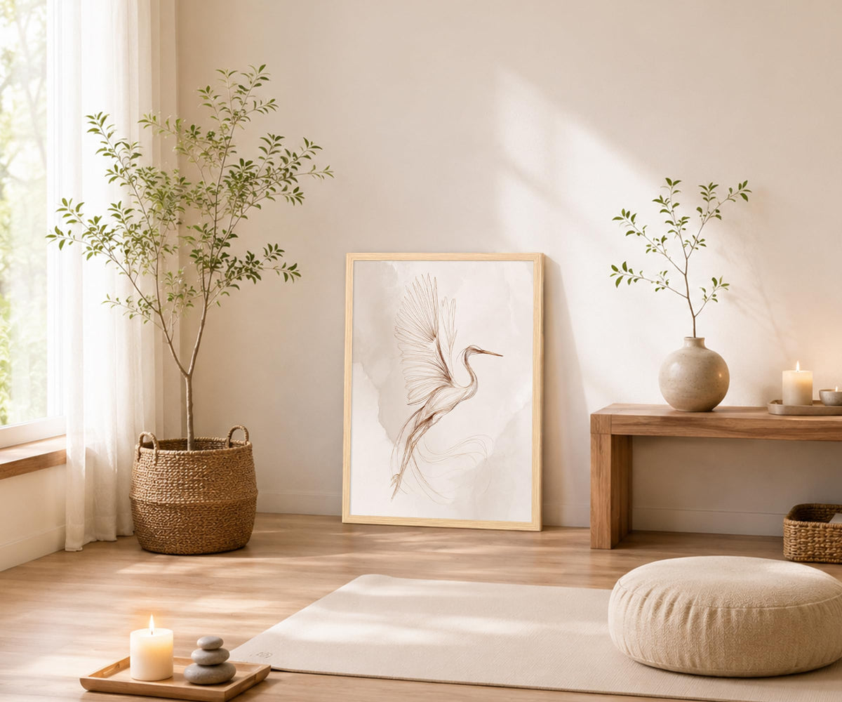 Framed Modern Minimalist Japandi Heron Line Art Canvas Wall Art (Beige, Cream, Warm White, Terracotta Brown / 12"L x 16"W)