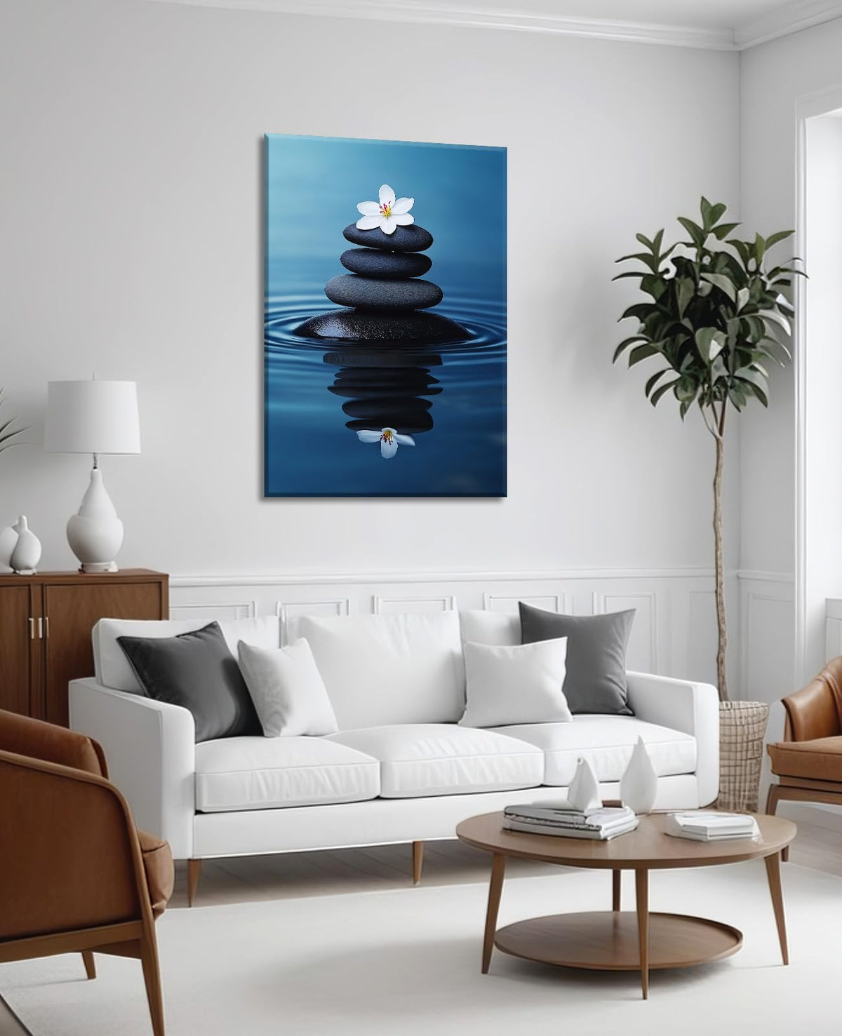 Zen Wall Art Black Stones and Flower Picture Meditation Canvas Prints Spiritual Artwork for Bathroom Living Room Office Decor Framed (18"L x 12"W / A - Zen)