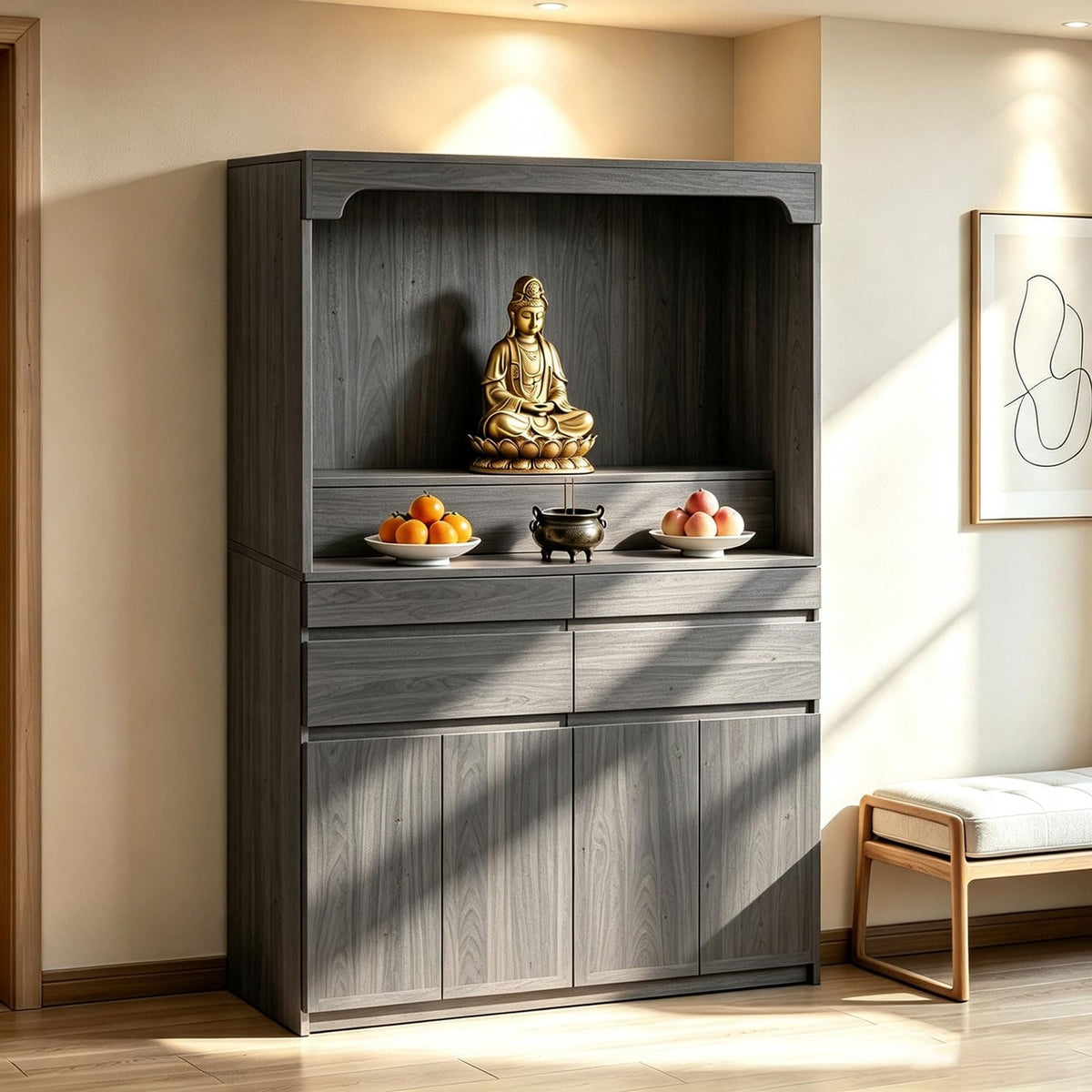 Altar Table Pooja Cabinet with Drawers and Storage Cabinets (55.1×15.7×65.4in / Dark Gray Natural Wood)