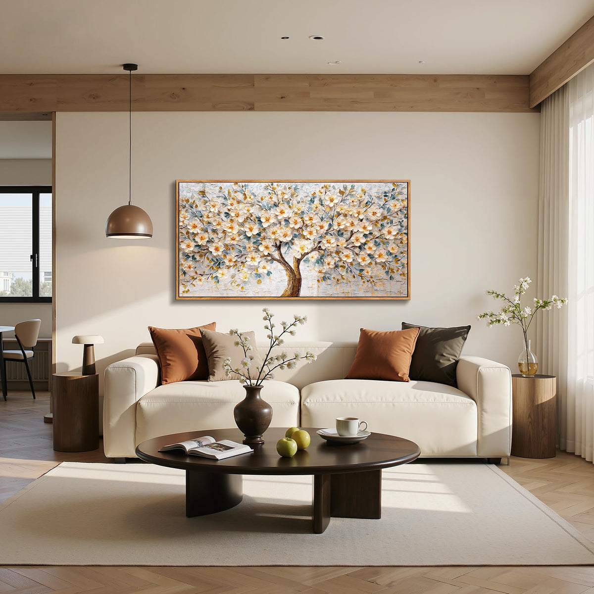 Floral Tree of Life Large Framed Wall Art Modern Home Decor Neutral (Pear Blossoms Tree / 40"L x 20"W)