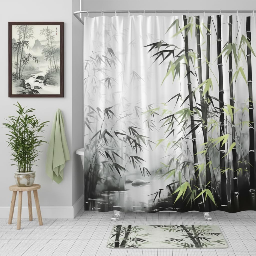Bamboo Shower Curtain (Green Black / 70"W x 70"L (Pack of 1))
