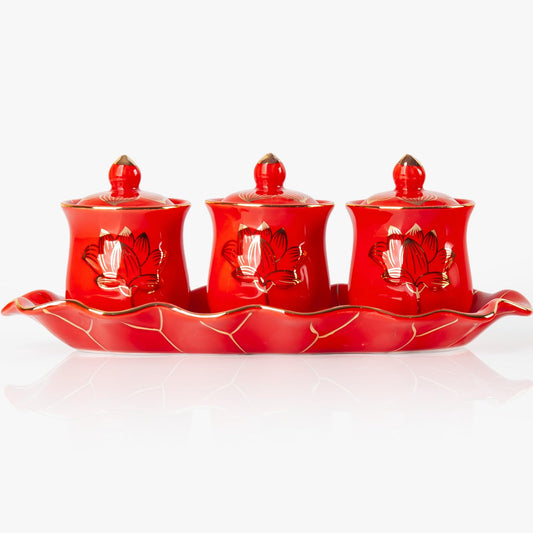 Red Buddhist 3 Altar Cups Set (3 Red Ceramic Cup Set)