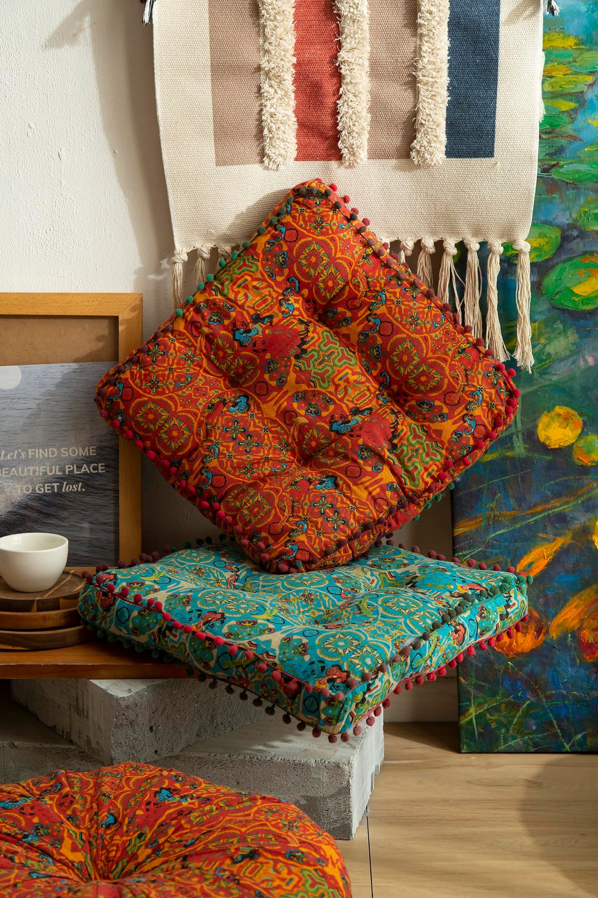 Moroccan Printed Square Chair Pads Cotton Linen Soft Comfort Chair Cushion Colorful Pompom Seat Cushions for Indoor Dining Room and Kitchen Chairs (16x16 Inch / Orange)