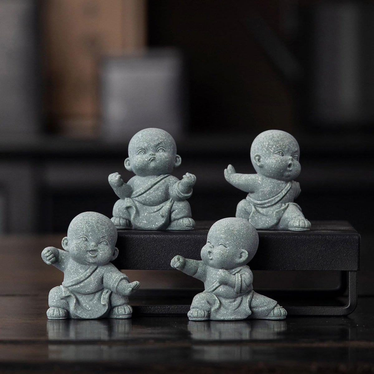 4 PCS Cute Kung Fu Zen Monk Praying Statue (4pcs Grey)