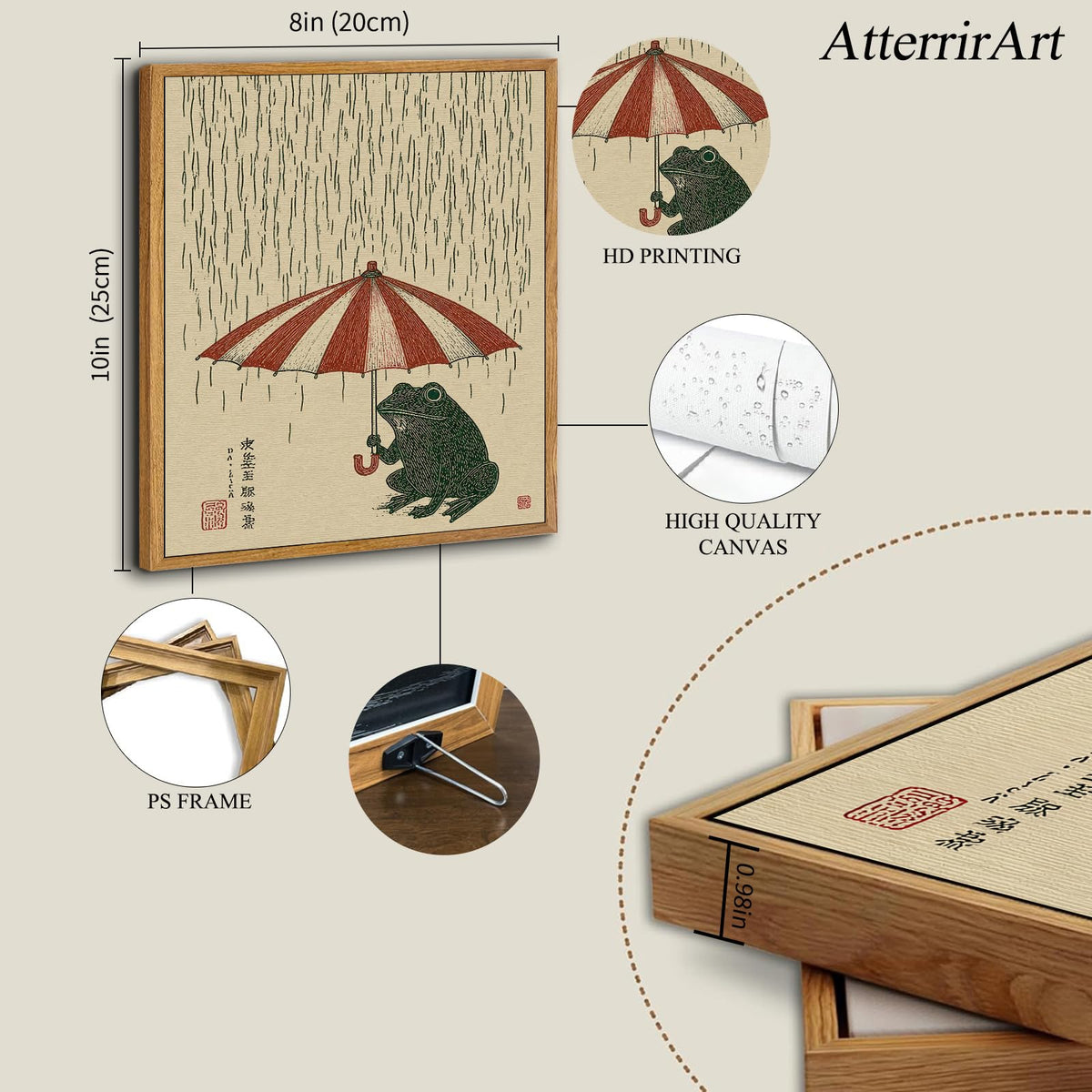Framed Funny Japanese Frog Wall Art (Frog with an umbrella / 8"L x 10"W)