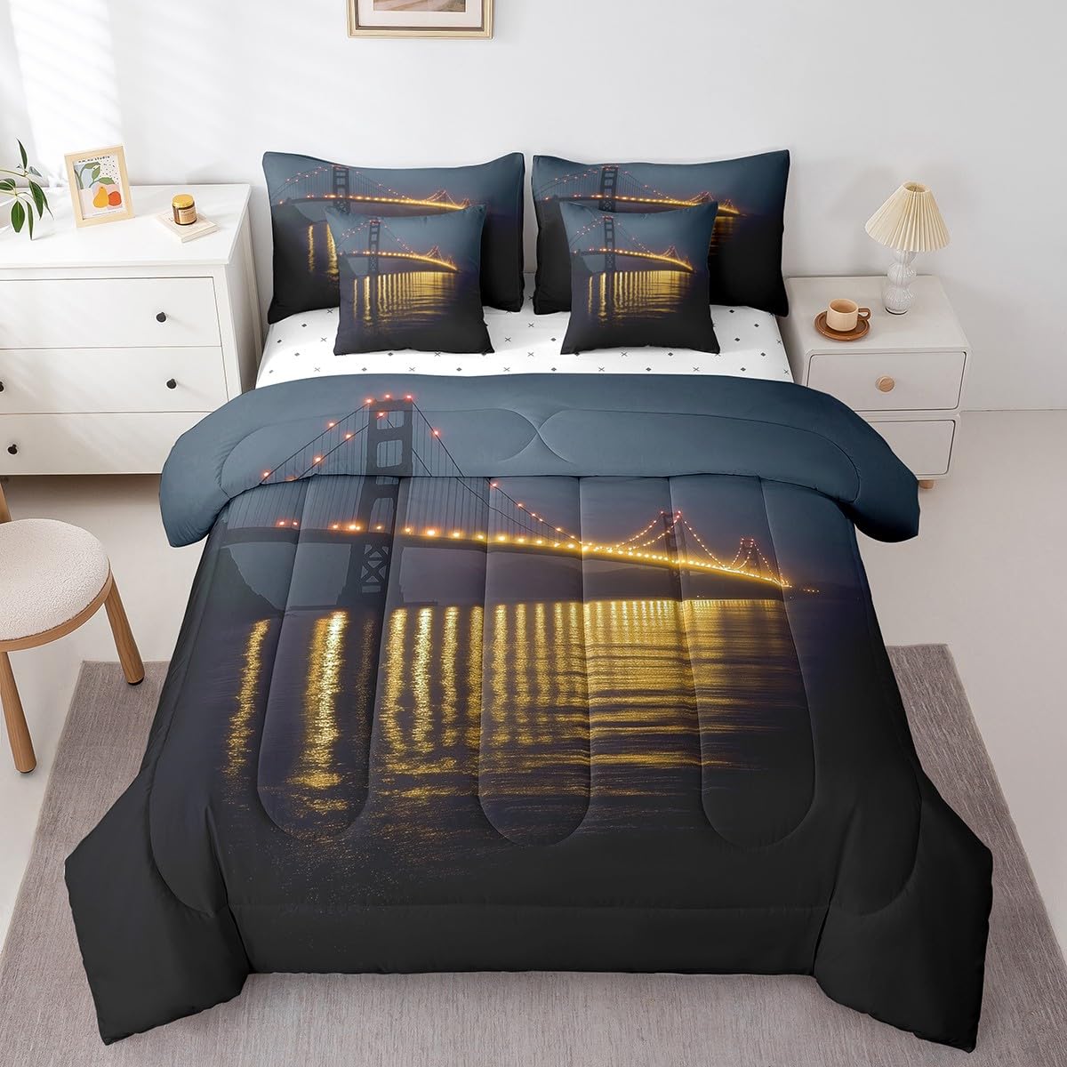 Golden Gate Bridge Comforter Set with Sheets Queen Size Kids Nightscape 7 Piece Bedding Set All Season Teens City Scenery Bed in A Bag Breathable Soft Black and Yellow Room Decor (Dull Black and Yellow / Queen)