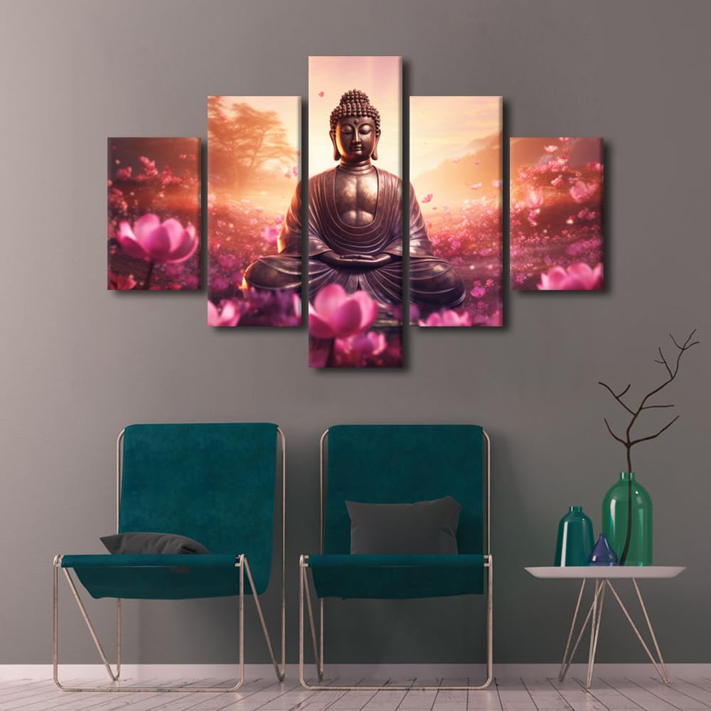 Buddha Canvas Wall Art Decor Modern Living Room Canvas Art Buddha Statue Surrounded By Flowers Poster Art for Men Lady Bedroom Wall Decoration 5 Panel Stretched and Framed Ready to Hang 60x40 in (60x40 in / 5PANEL-18)