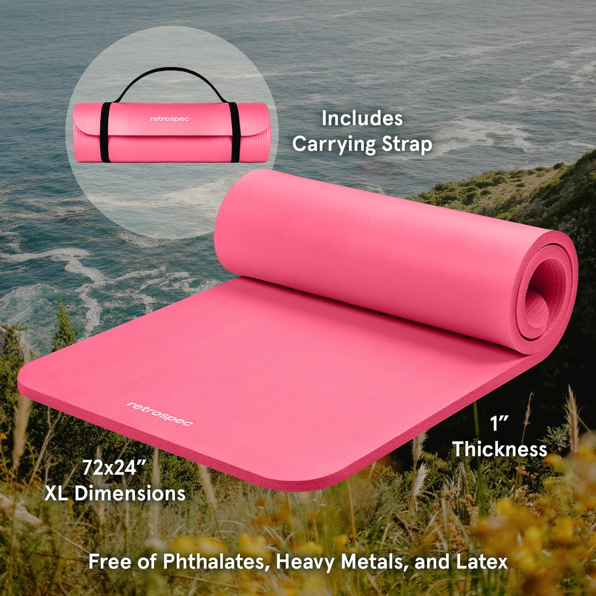 Solana 1" Extra Thick Yoga Mat Non Slip Exercise Mat w (Pink Dahlia / 1 inch)