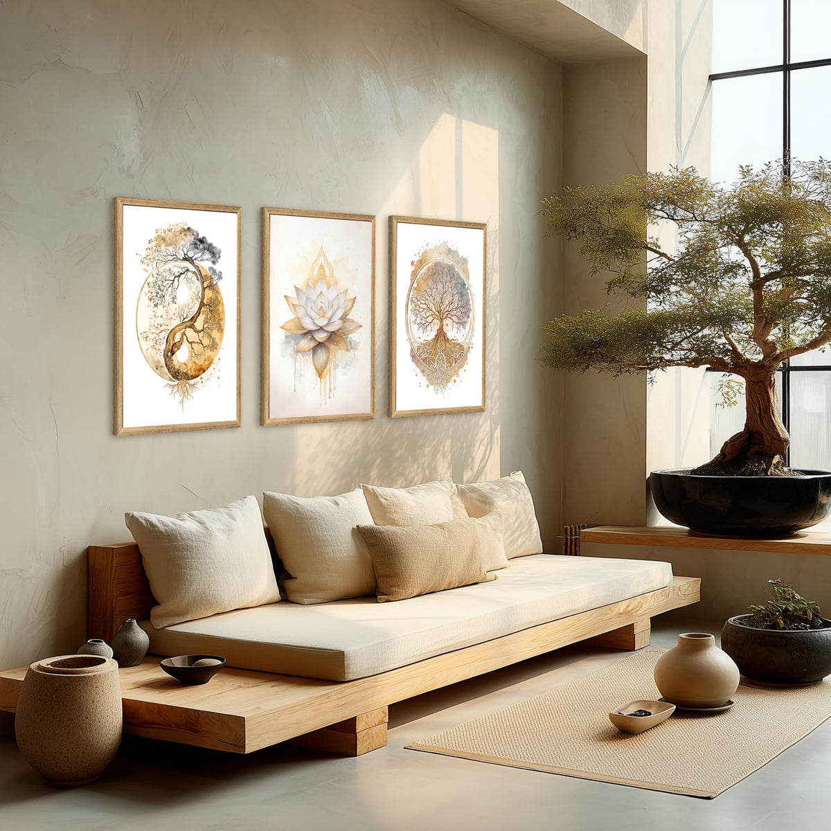 Wood Framed Tree of Life Spiritual Wall Art Set of 3 (White-Gold(Wood) / 16"L x 12"W)