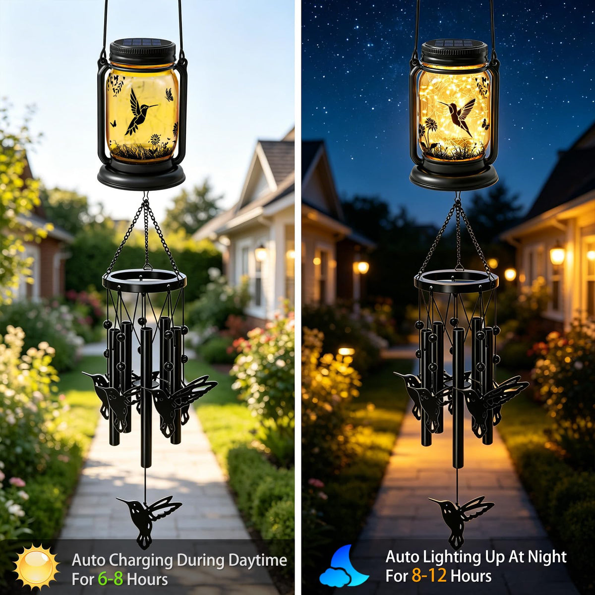 2 Pack Solar Hummingbird Wind Chimes for Outside (2 pack- hummingbird jar wind chime)