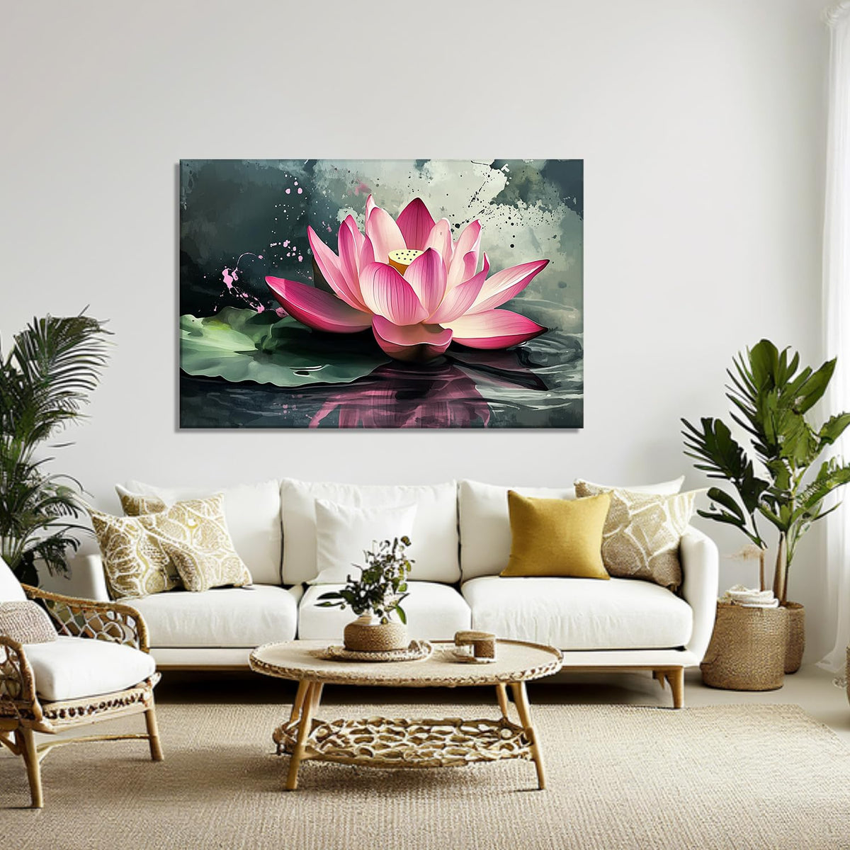 Lotus Canvas Wall Art Zen Wall Decor Framed Pink Lotus Flower on Water Picture Meditation & Relax Painting Watercolour Prints Spiritual Room Bathroom Ready to Hang (36"L x 24"W / P - Pink Lotus)
