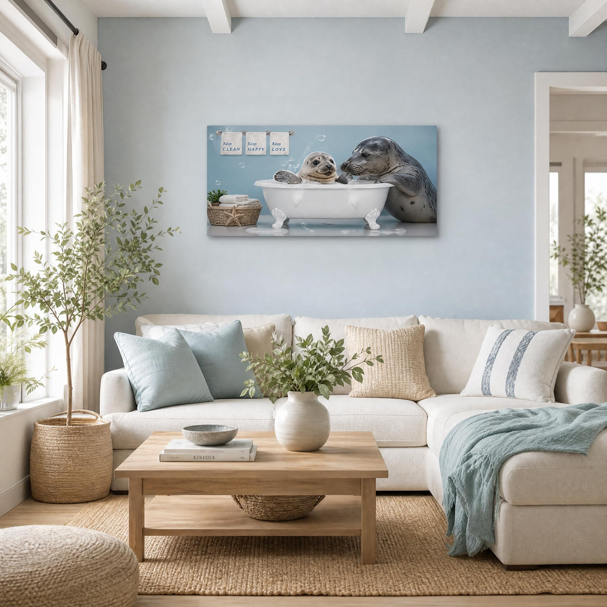 Cute Baby Seal Bubble Bath Canvas Wall Art Funny Animal Bathtub Painting Flat Print Gallery Wrapped Artwork for Living Room Bedroom Bathroom Decor (Wildlife / White Baby Seals Bathtub 22 / 40"L x 20"W)