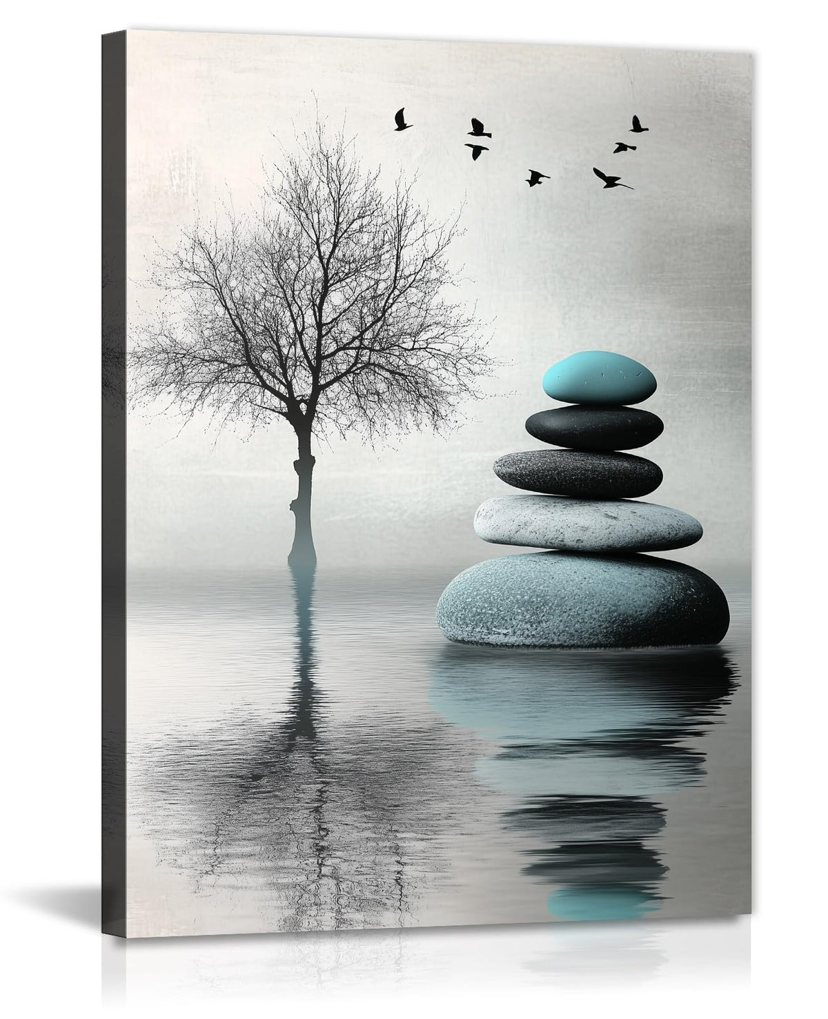 Zen Stones Tree Canvas Wall Art Water Spa Stone Reflection Pictures Minimalist Nature Art Zen Meditation Calming Home Decor for Living Room Bathroom (Artwork-2 / 24"L x 16"W)