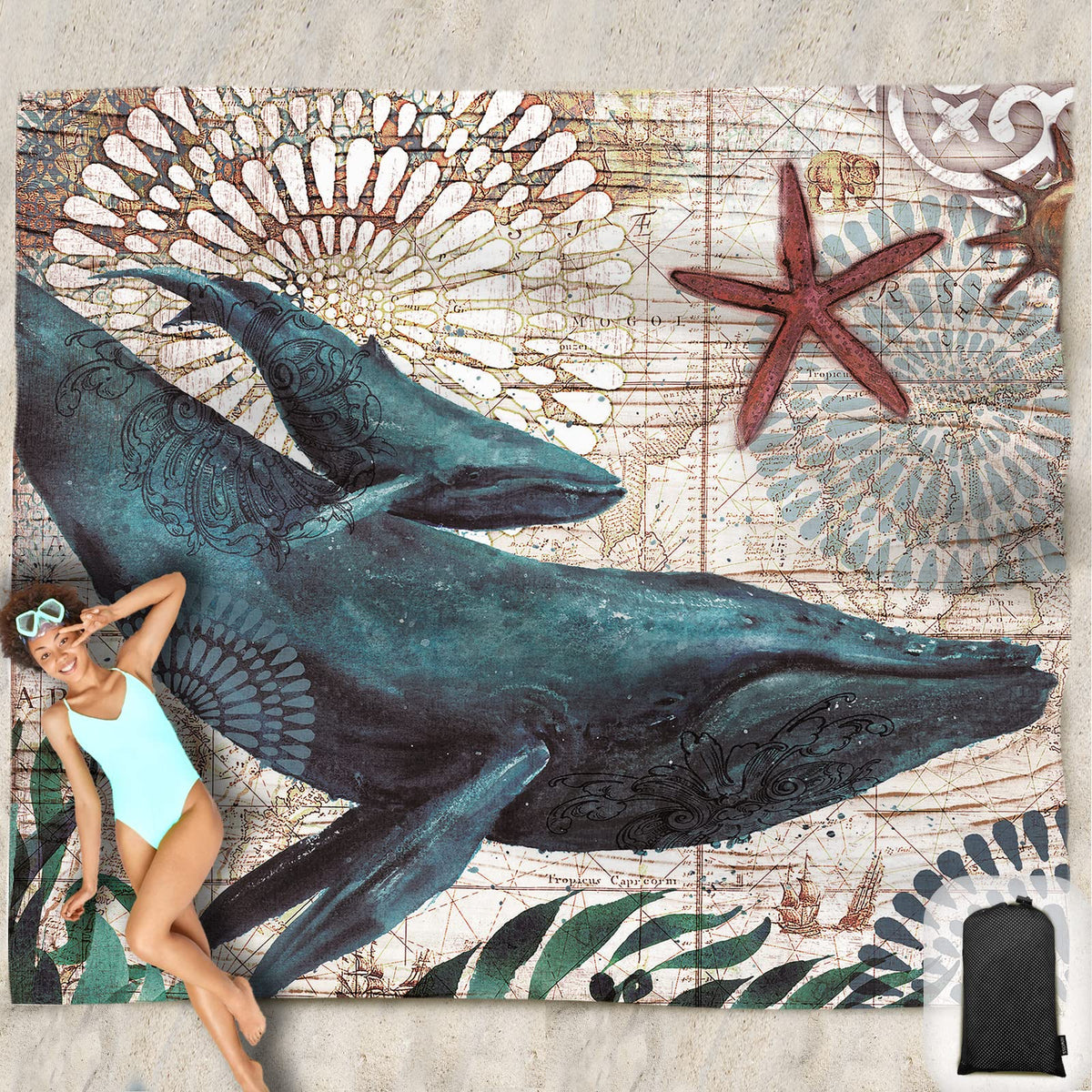 Beach Blanket Waterproof Sandproof Oversized 95”x 80” (Dolphin)
