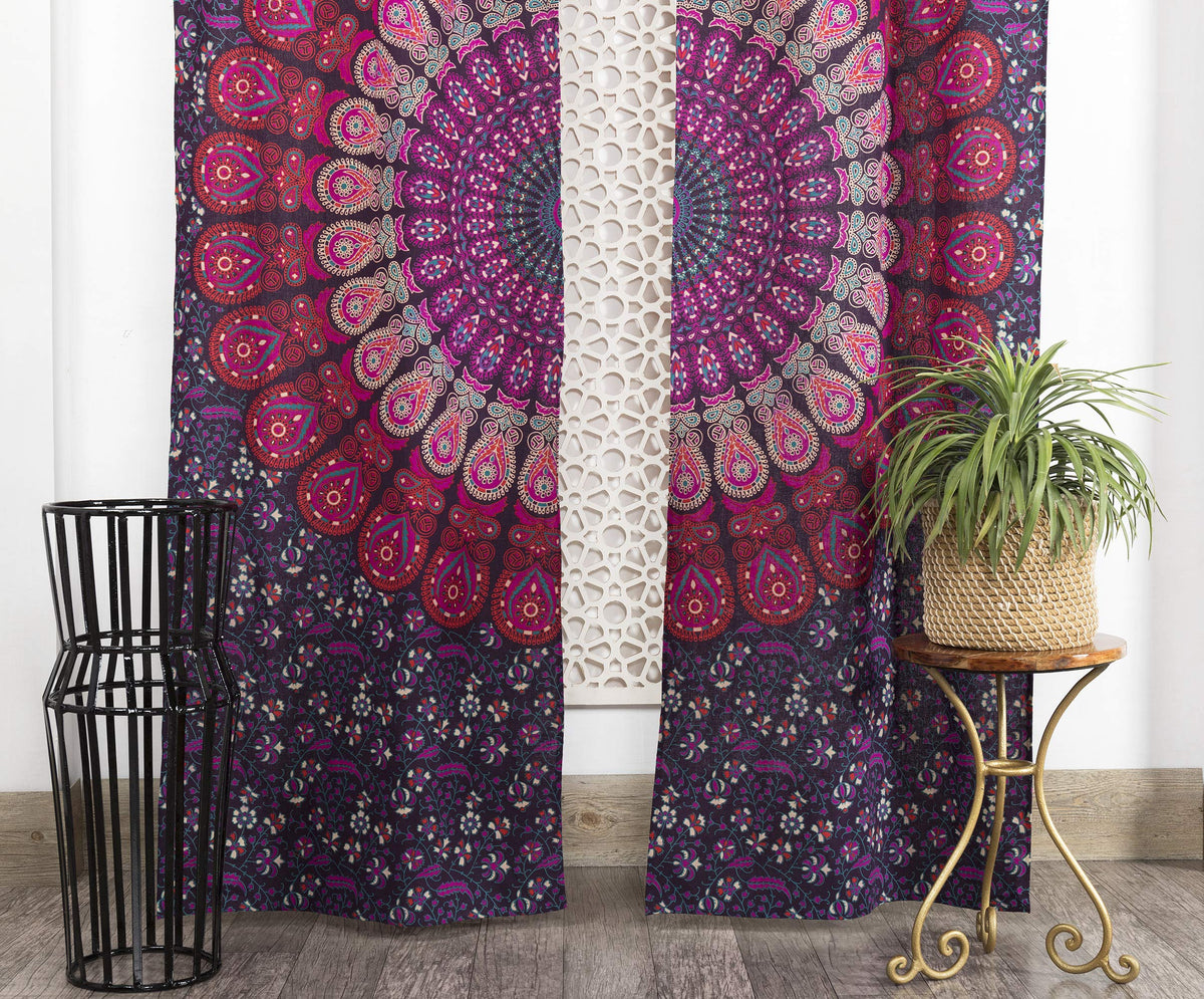 Indian Hippie Bohemian Beautiful Elephant Mandala Curtain Panels Purple (Purple / 25"W x 74"L (Pack of 2))