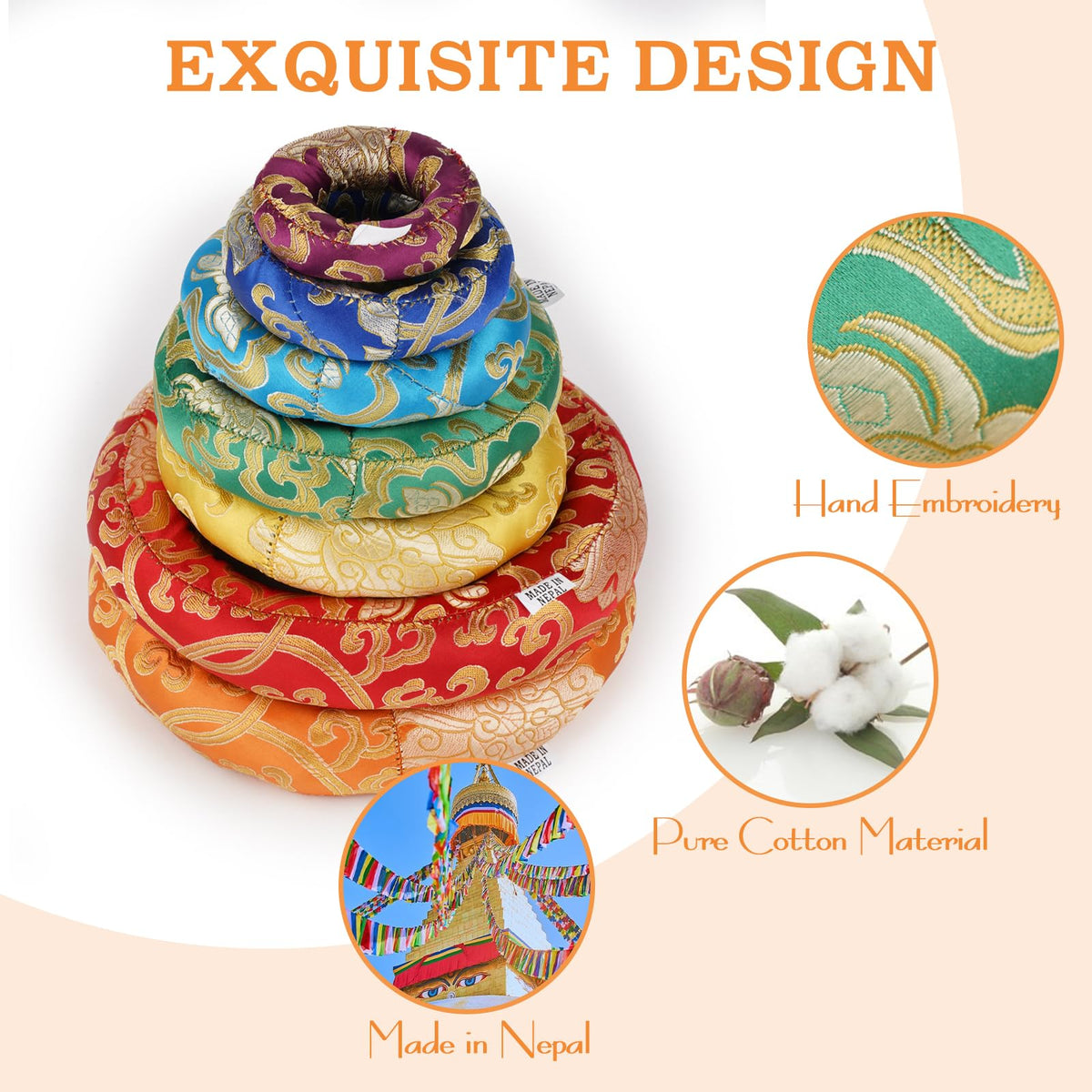 Tibetan Singing Bowl Accessories Silk Ring Cushions Handmade in Nepal Round Cushion for Sound Bowls Meditation Accessories (Multi)