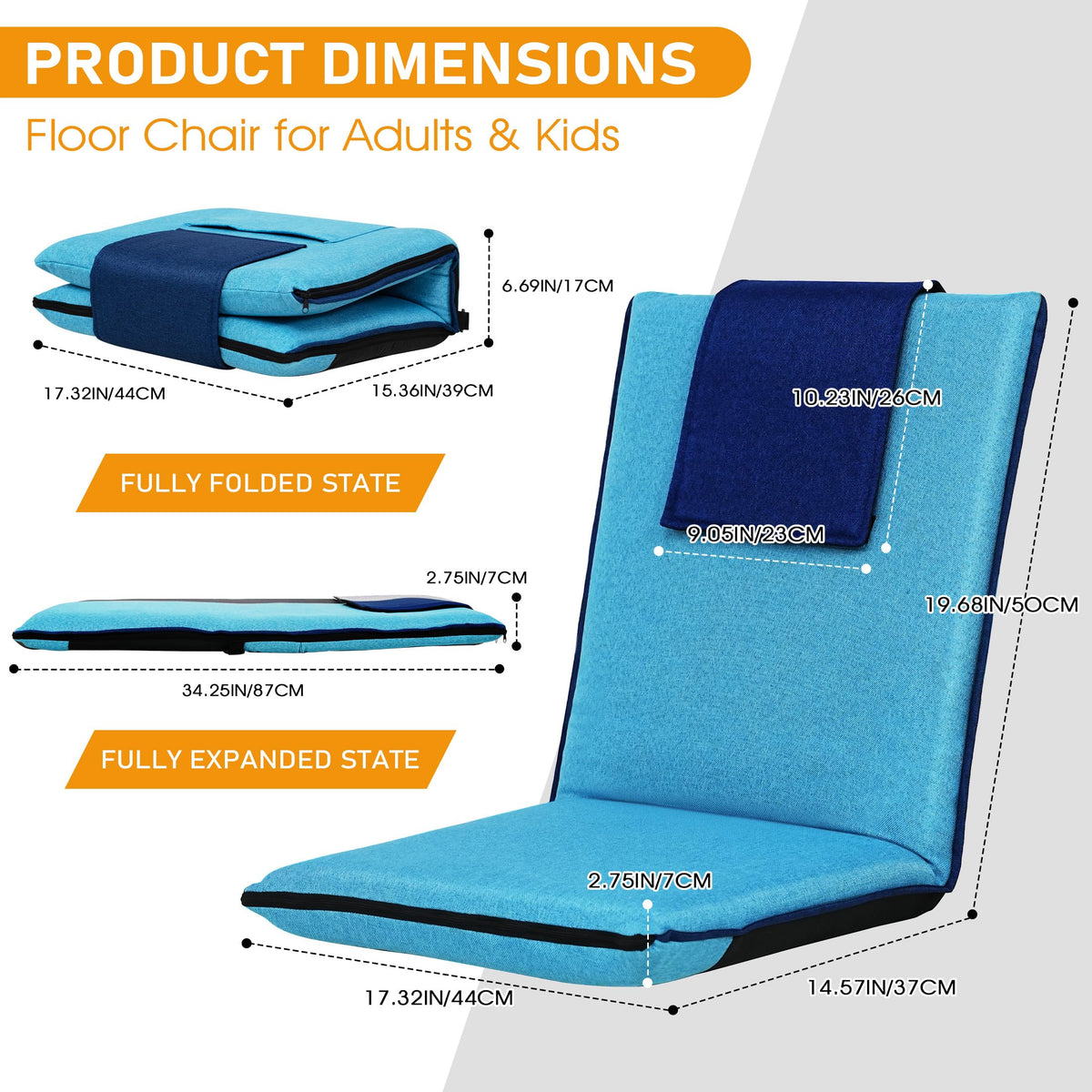 Floor Chair with Back Support Foldable Meditation Seat (Bright Blue & Dark Blue)