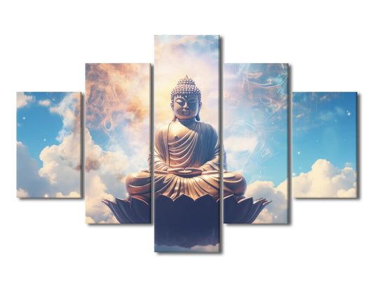 Buddhism Canvas Wall Art Modern Wall Art for Home Decor Buddha Statue Sky Poster Prints on Canvas 5 Panel Religious Artwork Printing for Living Room Decor Stretched and Framed Ready to Hang 60x40 in (60x40 in / 5PANEL-20)