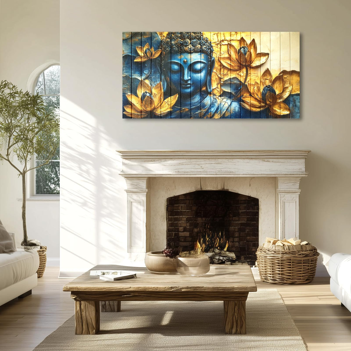Vintage Buddha Wall Art Zen Lotus Flowers Canvas Ribbon Pictures Inspirational Wall Decor Handmade 3D Woven Textured for Buddhism Room Bathroom Bedroom Living Room Home Decor 20" x 40" (Gold / 40"L x 20"W)