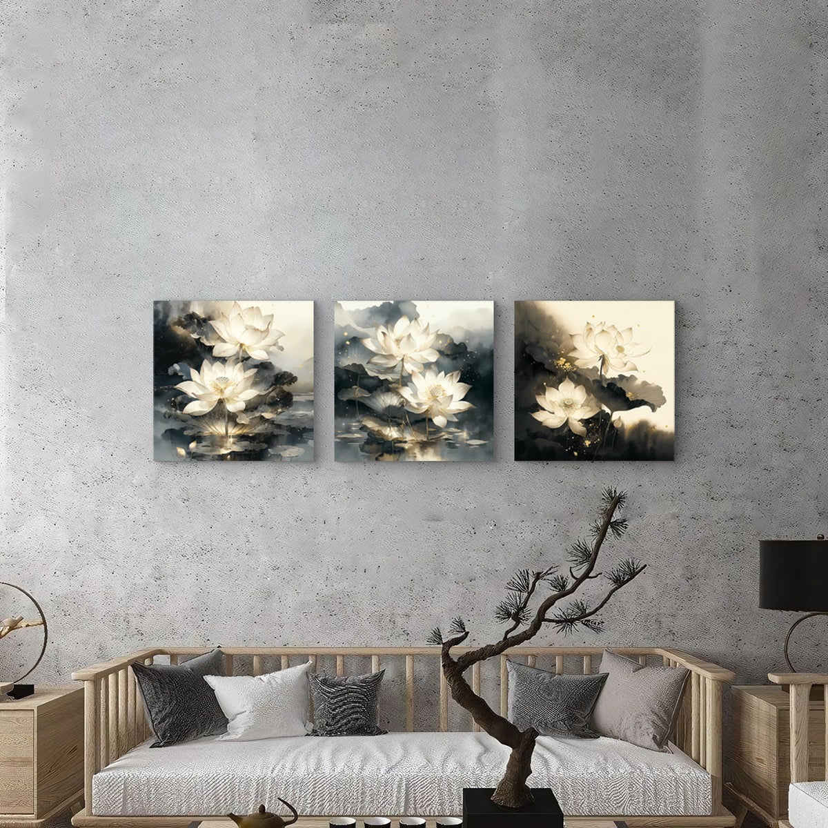 3Pcs White Lotus Flowers Ink Wash Canvas Wall Art Print Blooming Golden AccentsLotus Leaves Water ReflectionsZen Botanical Painting for Bedroom Bathroom Living Room Decor Ready to Hang (White Lotus with Golden Accents / 16x16inchx3)