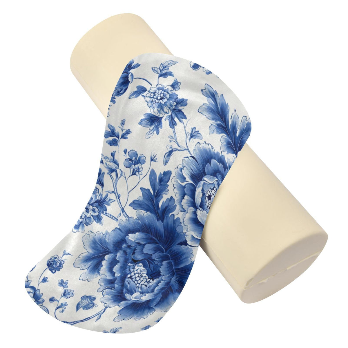 Blue and White Peony Flowers Butterfly Neck Roll Pillow Bolster Round Health Memory Foam Long Cervical Cylinder Pillows with Removable Washable Cover for Body Bed Legs Back Yoga (Blue and White Peony Flowers Leaf)