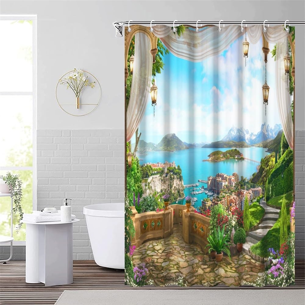48x72inch Spring Landscape Shower Curtain Vintage Mural Balcony Scenery Bathroom Curtain Bathtubs Decorations 3D Printed Mountain River Natural Scenery Waterproof Fabric Decor with Hooks (48"W x 72"L (Pack of 1) / Green05)